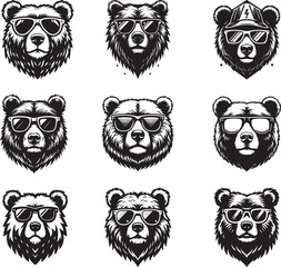 Set Of Cool Bear Head Wearing Sun Glass Silhouette Animal Vector Clipart Icon Hand Drawn Illustration