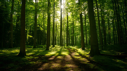 Fototapeta premium Dense Forest Pathway Illuminated by Sun Rays Filtering Through Trees : Generative AI