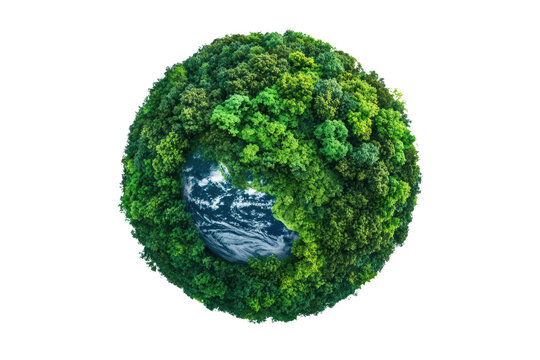 A globe made of lush green trees encircling a beautiful blue planet, representing nature and environmental conservation.
