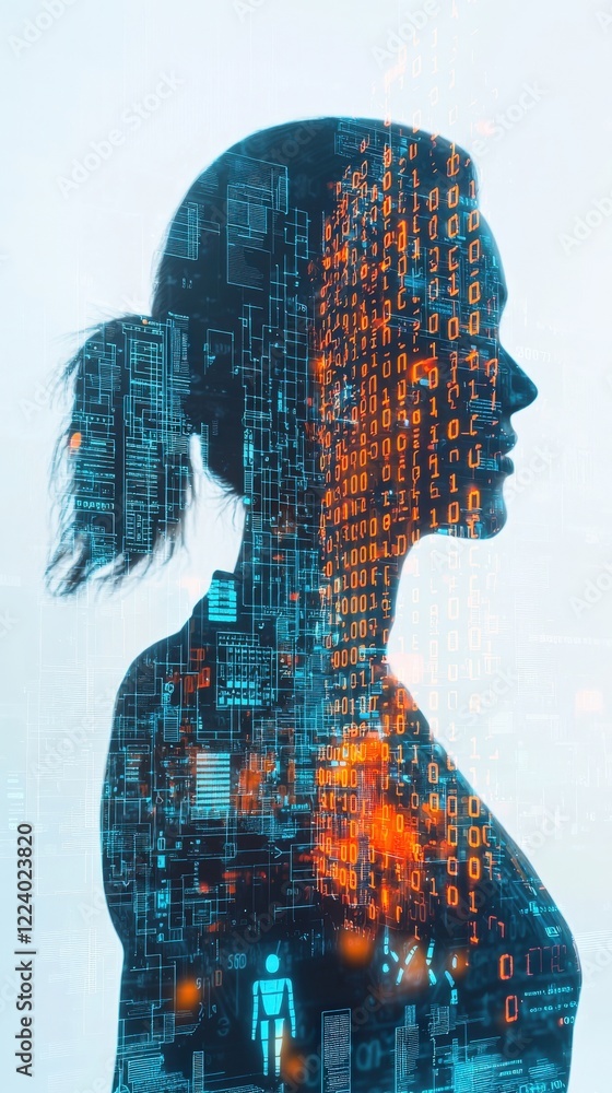Aufkleber silhouette of woman with digital binary code and abstract cityscape background in futuristic style