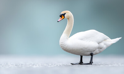 Obraz premium A graceful swan stands elegantly on a soft surface, showcasing its distinctive features against a blurred, serene background.