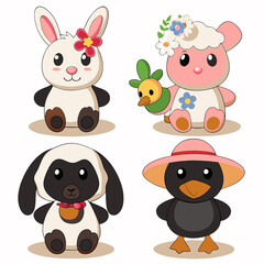 Fototapeta premium Adorable cartoon animals; rabbit, sheep, duckling.