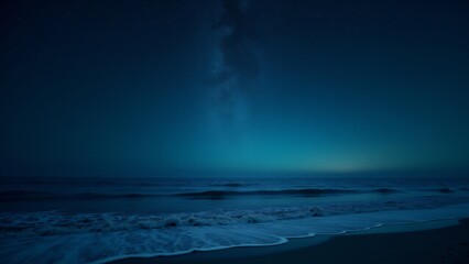Fototapeta premium Stars shining over the calm sea at night, with the ocean reflecting the celestial beauty above.