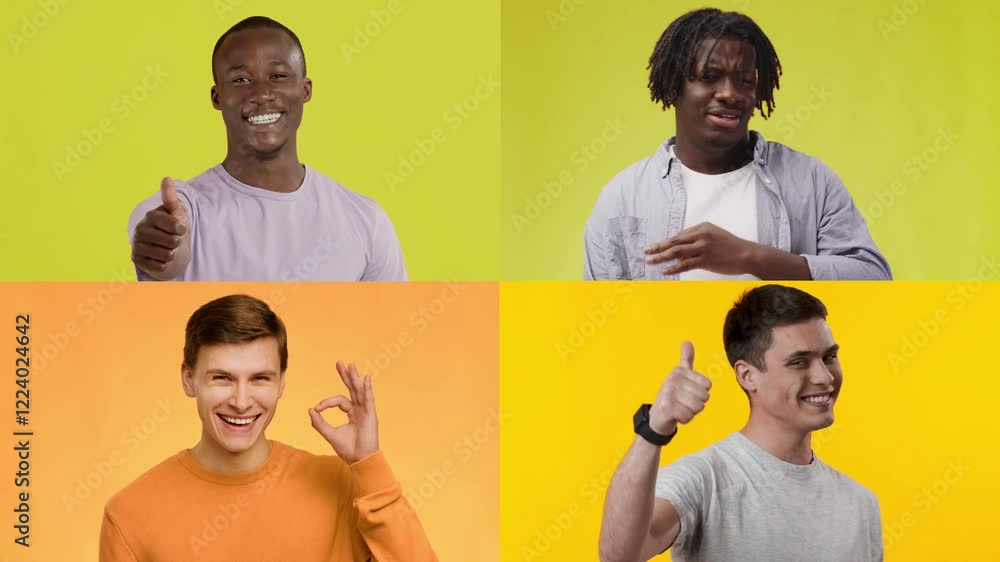 Poster four diverse men showcase a range of emotions and gestures against colorful backgrounds. each indivi