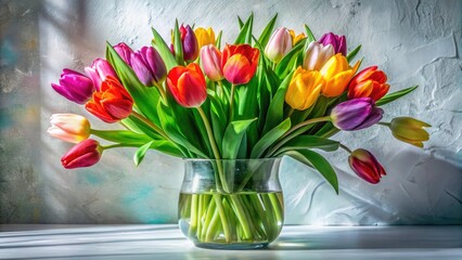 Surreal Spring Tulips: Vibrant Bouquet, White Wall, Fantasy Photography
