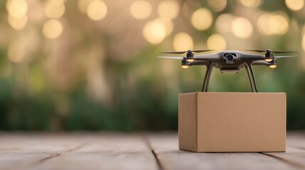 Drone Delivery Concept Box on Wooden Surface