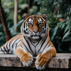 A majestic tiger rests calmly on a wooden platform, surrounded by lush greenery, showcasing its iconic stripes and fierce gaze.