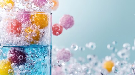 Colorful balls splashing into bubbly water
