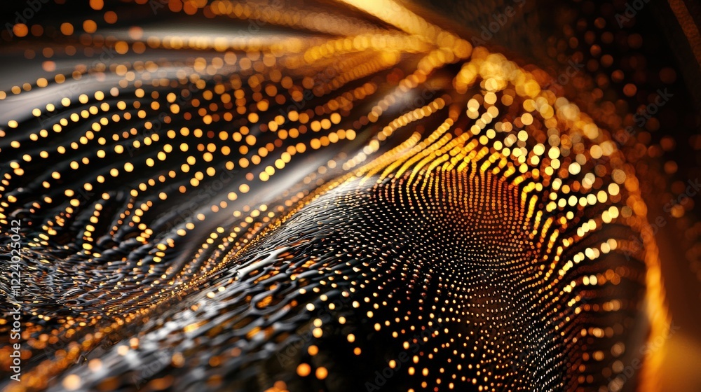 Aufkleber abstract golden wave texture with glowing particles and rhythmic motion in a dark background environ
