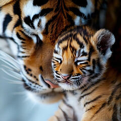 Fototapeta premium A tender moment between a mother tiger and her playful cub, showcasing their close bond and the beauty of wildlife.