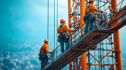 Industrial Workers on High Rise Construction Platform Safety Gear Teamwork