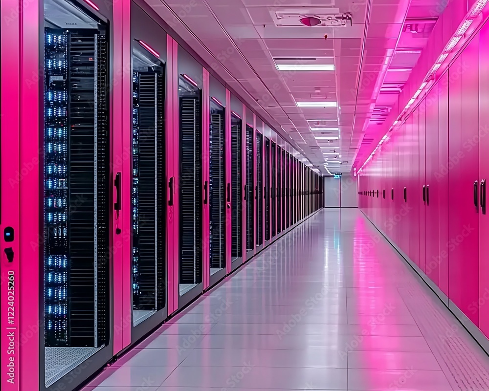 Poster pink illuminated server room corridor with rows of closed server racks.