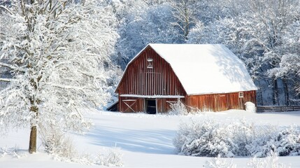 Frosty Landscape with Snowy Barn