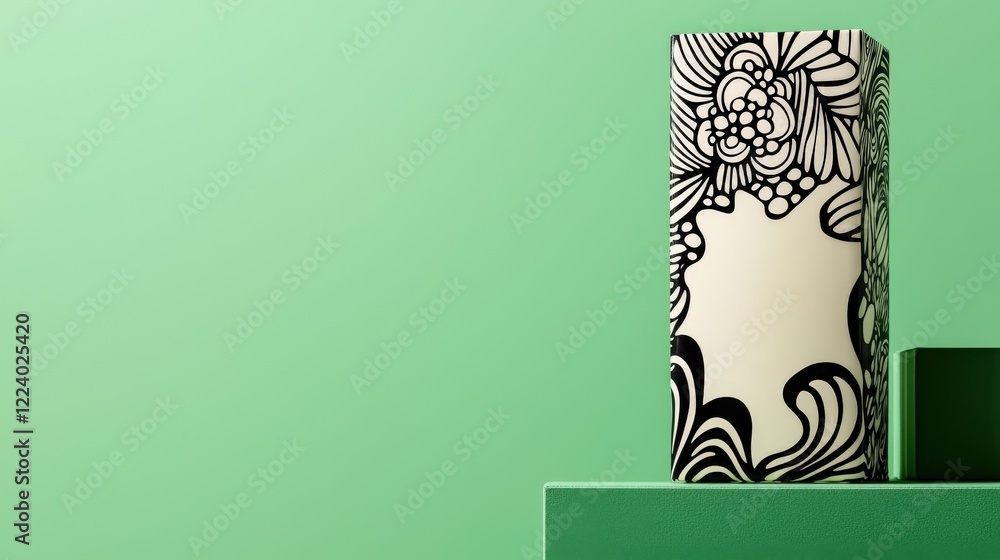 Poster decorative and artistic box with intricate black pattern on soft green background