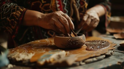 Fototapeta premium An artisan crafting handcrafted leather goods in a Santa Fe workshop, with tools, dyes, and intricate designs on the workbench.