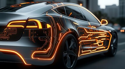 Obraz premium Futuristic electric car, city background, technology design, automotive innovation, stock photo