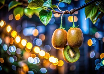 Obraz premium Tokyo Night Kiwi Vine - July 25, 2024 - Low Light Photography, Japanese Kiwi, Night Photography, Fruit Photography