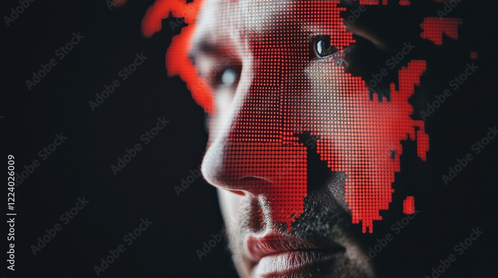 Poster digital art portrait of man with pixelated face and red visual effects on dark background for tech t