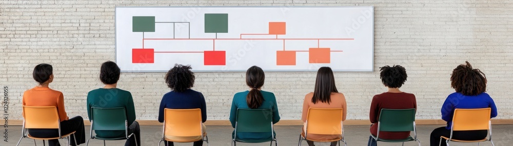 Poster group of diverse professionals analyzing workflow chart during a team meeting in a modern office env