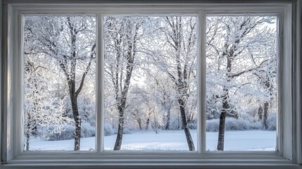 Frosty Window with Snowy Park Trees