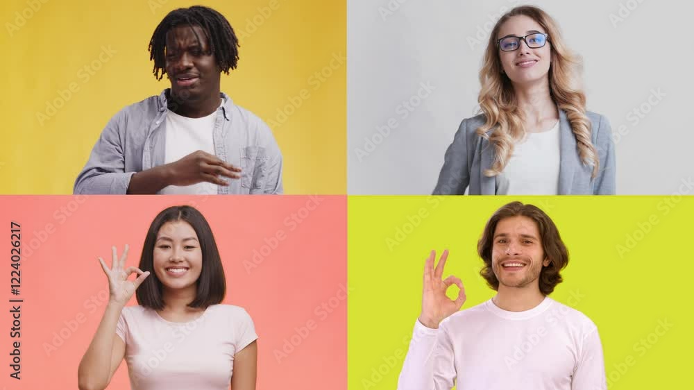 Aufkleber A collection of diverse individuals displaying various emotions through gestures. Each person is isolated in their section, showcasing unique expressions against colorful backgrounds.