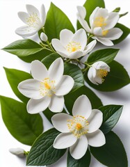 Close-up of delicate white blossoms, vibrant green leaves.  Pure elegance.