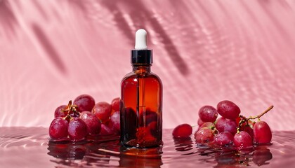 Amber bottle of serum with red grapes in water on pink background.