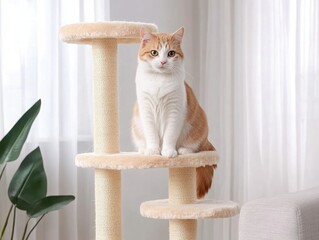 Fototapeta na wymiar Adorable ginger and white cat sitting proudly on a modern cat tree with soft textures and bright indoor lighting beside a stylish plant
