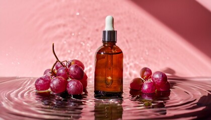 Red grape seed oil serum bottle and fresh grapes on pink background.