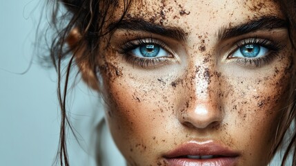 Fototapeta premium Close-up portrait of a beautiful woman with striking blue eyes and dirty, smudged makeup, showcasing her natural beauty and texture against a neutral background.