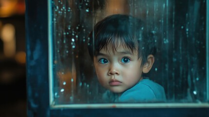 Child gazing thoughtfully through a rain-speckled window of a colorful plastic playhouse indoors, with expressive large brown eyes and dark hair, in a cozy environment.