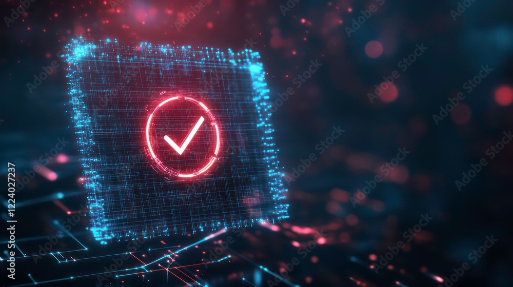 Poster abstract representation of verified data, flowing lines forming a seal, secure network, glowing veri