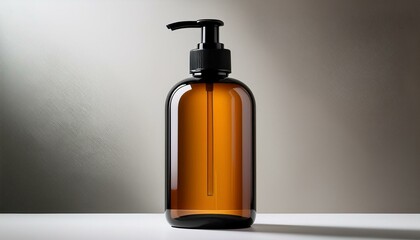 Amber glass pump bottle against a neutral background.