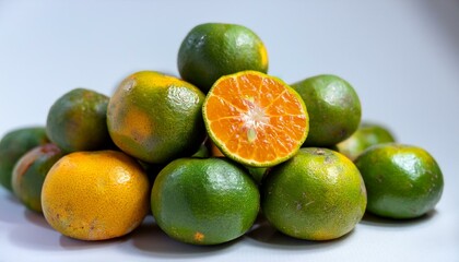 A pile of ripe oranges, some green, some orange, one cut in half.