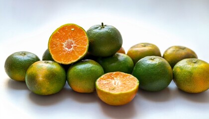 A pile of green and orange mandarin oranges, some cut in half, showing their juicy insides.