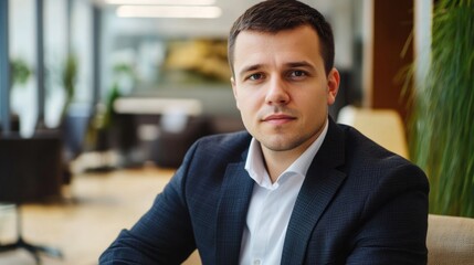 Fototapeta premium Confident young businessman in a modern office setting, wearing a dark suit, with short brown hair, engaged in professional discussion about market strategies.
