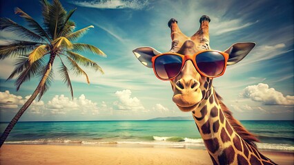 Obraz premium Vintage Giraffe Beach Vacation: Sunglasses, Retro Fashion, Coastal Chic