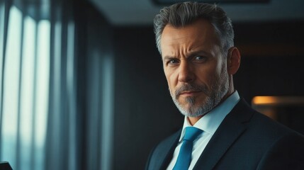 Handsome mature businessman in a dark suit delivering presentation in modern conference room with gray curtains and soft lighting.