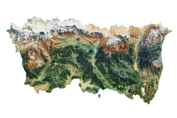 Aerial view of a mountainous landscape with diverse terrain, including green valleys and snow-capped peaks, isolated on a white background.