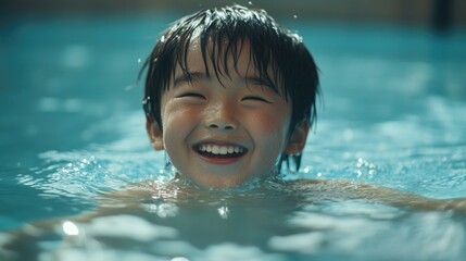 Happy Asian boy enjoying a refreshing swim in a bright blue indoor pool with water splashes and sunlight reflections on the surface