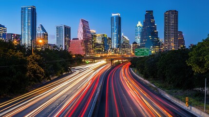Fototapeta premium Cityscape at Dusk: Highway Light Trails