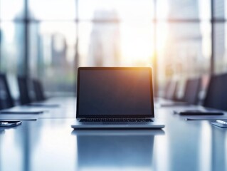 Empty Laptop on Conference Table in Modern Office with Bright Sunlight Streaming Through Glass Windows