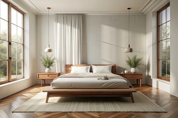 Vintage Minimalist Bedroom Photography: Low Platform Bed, White Bedding, Wooden Nightstands, Sheer Curtains