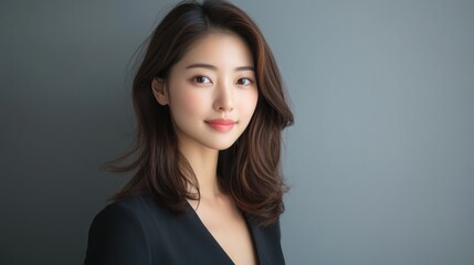 Fototapeta premium Elegant Asian woman with smooth skin and flowing dark hair posing against a soft gray background, showcasing natural beauty and charm.
