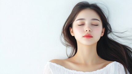 serene young asian woman with flowing dark hair resting calmly against a soft white background conveying tranquility and relaxation