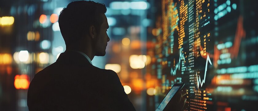 Businessman Using a Tablet to Monitor Holographic Stock Market Trends, Success Indicator, and Financial Data in a Contemporary Business Center.