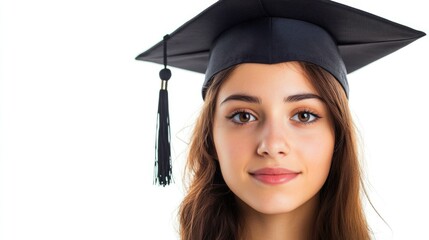young woman graduate wearing a black cap and gown smiling with long brown hair against a white background celebrating academic success