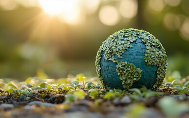 A conceptual image of a green earth covered in moss and plants, symbolizing environmental...