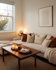 Cozy living room with neutral tones, soft cushions, wooden coffee table, and warm candlelight ambiance