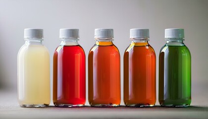 Five bottles of vibrant colored liquids sit in a row.
